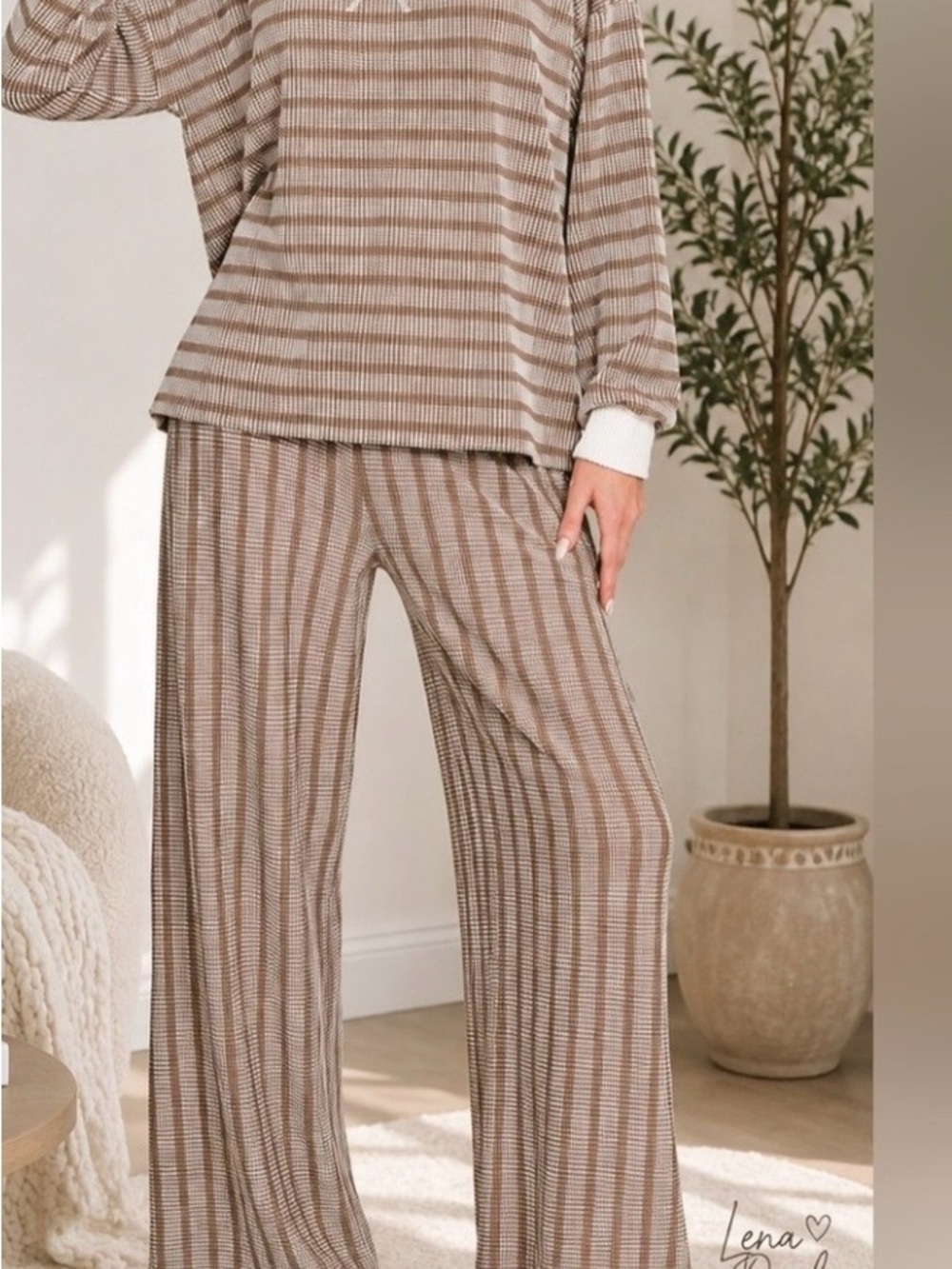 Zenana Outfitters Taupe & Cream Striped Ribbed Lounge Set